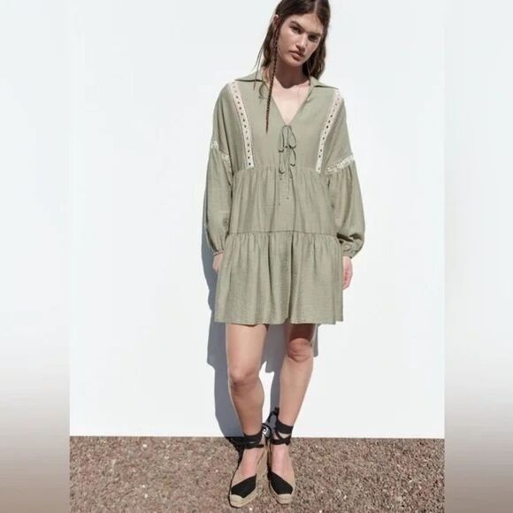 ZARA Boho Tiered Flowy Mini Dress Sz Small Loose Fit Lace Green Tie - Picture 1 of 8